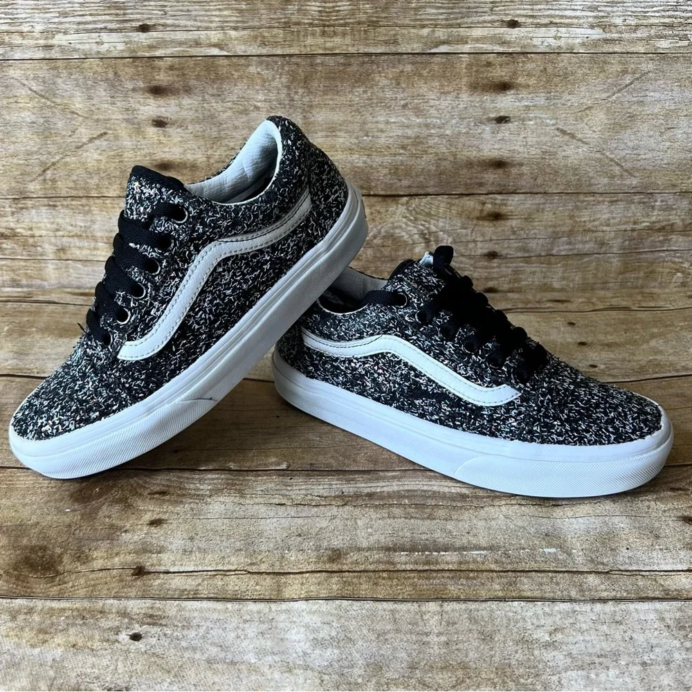 Vans Old Skool Kids Black White Glitter Textured Low Top Sneakers Shoes‎